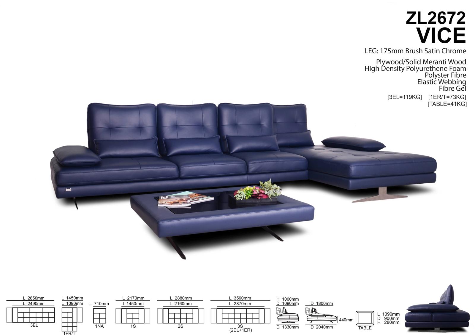 ZOLANO VICE ZL2672 navy L-shaped sofa product sheet